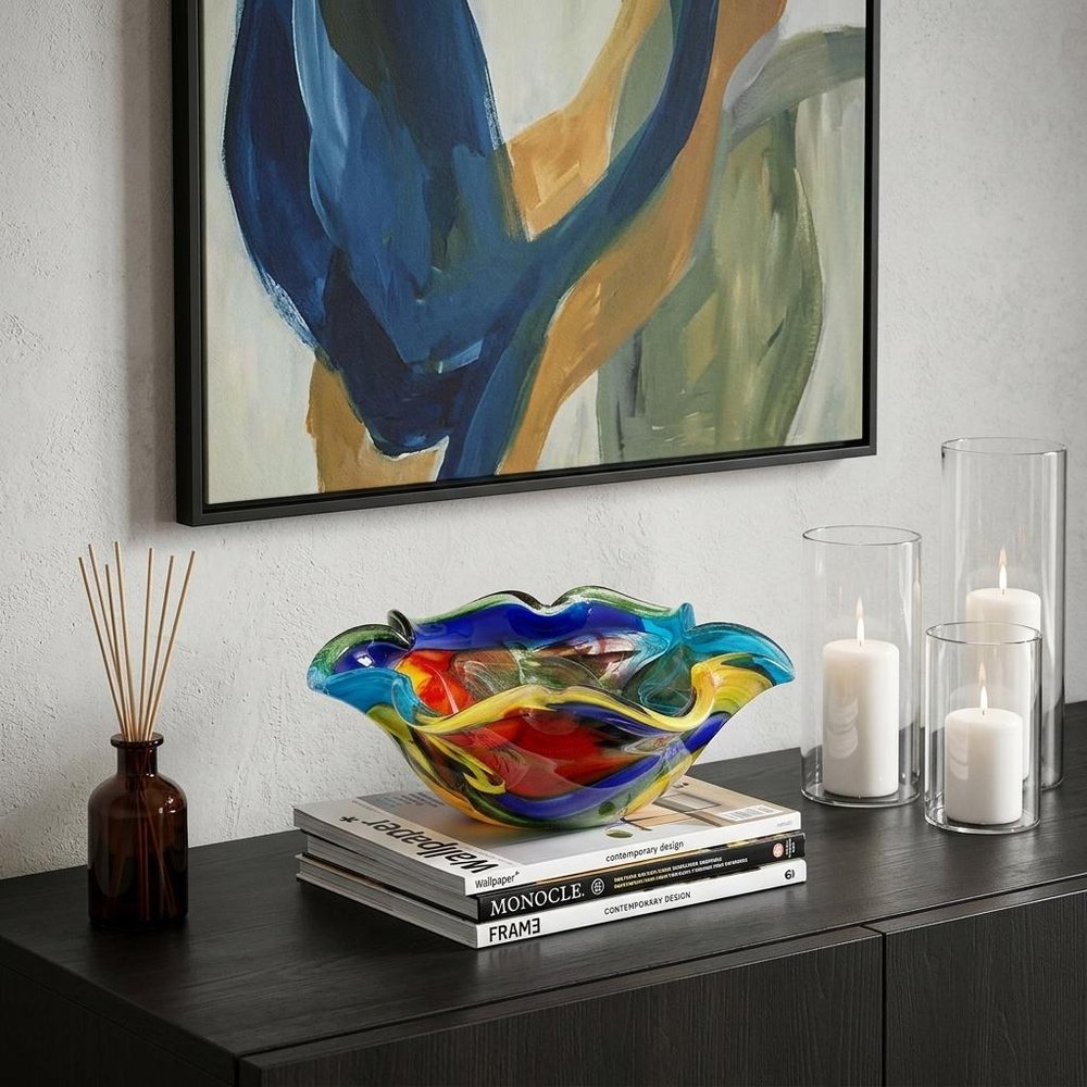 9" Rainbow Multi Colored Art Glass Centerpiece Bowl  Warm Home View