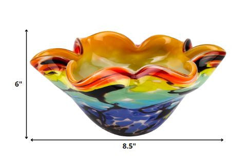 9" Rainbow Multi Art Glass Wavy Centerpiece Bowl  Warm Home View