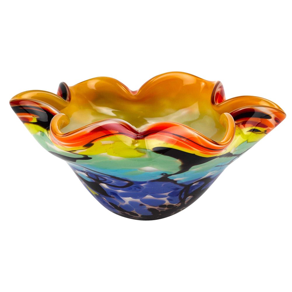 9" Rainbow Multi Art Glass Wavy Centerpiece Bowl  Warm Home View
