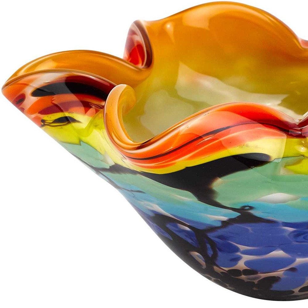 9" Rainbow Multi Art Glass Wavy Centerpiece Bowl  Warm Home View