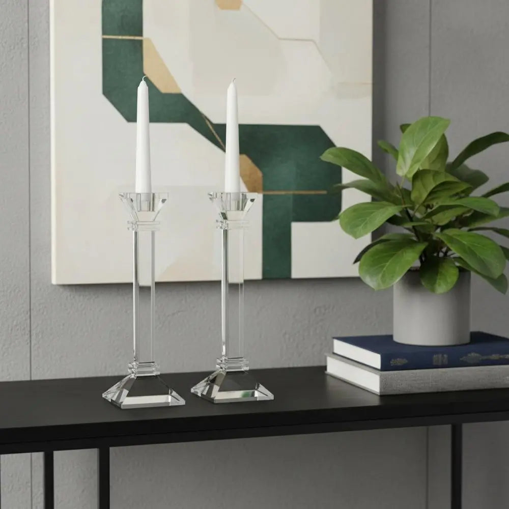 Set of Two Clear Crystal Tabletop Taper Candlesticks  Warm Home View