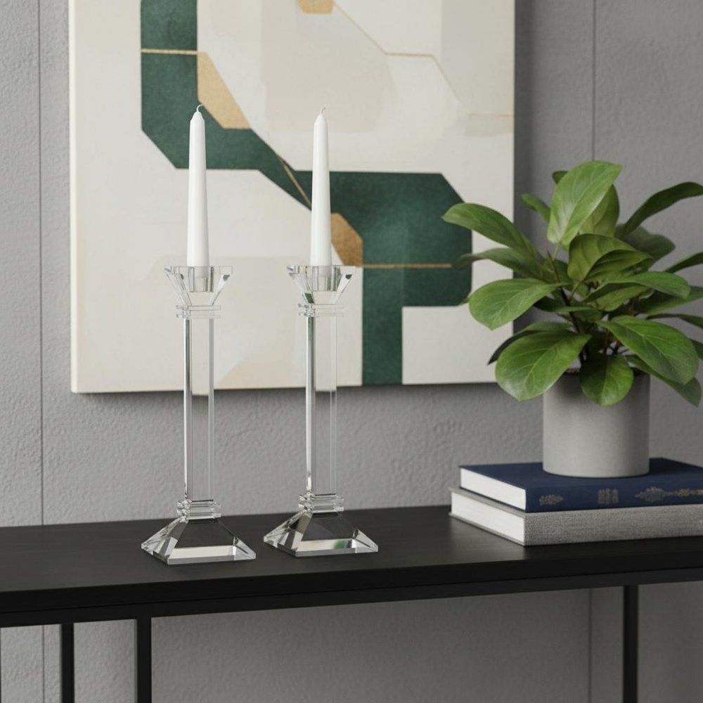 Set of Two Clear Crystal Tabletop Taper Candlesticks  Warm Home View