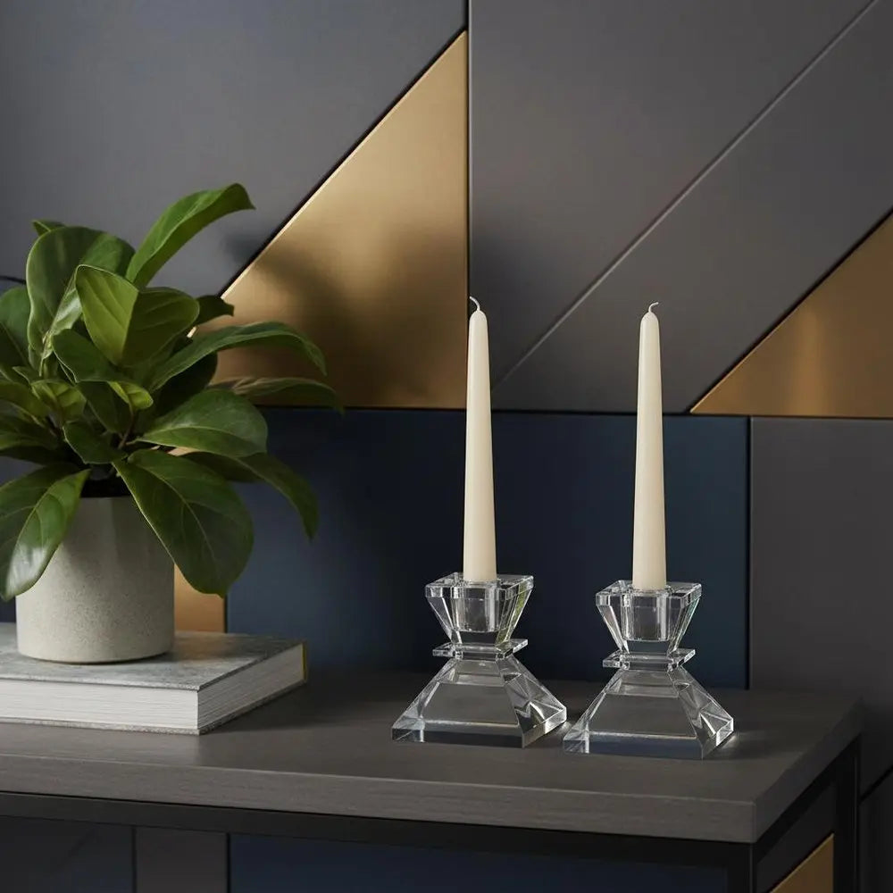 Set of Two Clear Crystal Tabletop Taper Candlesticks  Warm Home View