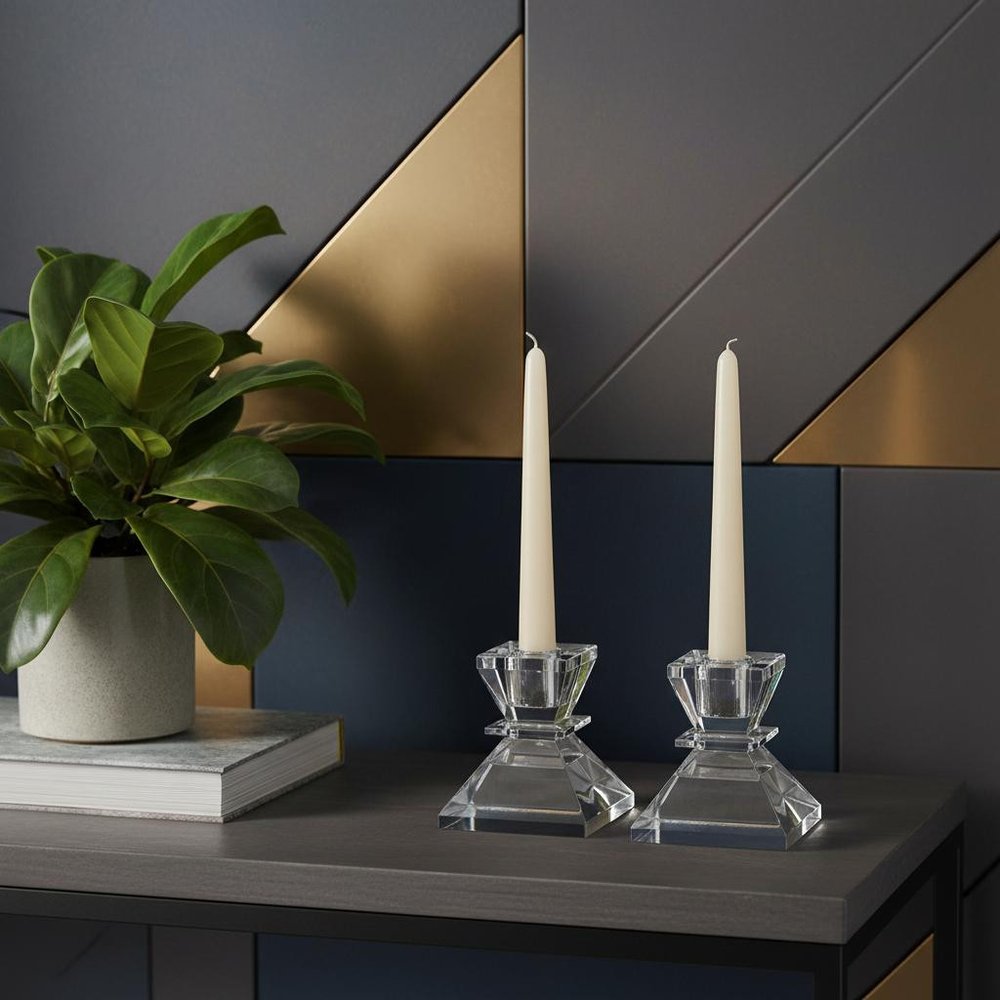 Set of Two Clear Crystal Tabletop Taper Candlesticks  Warm Home View