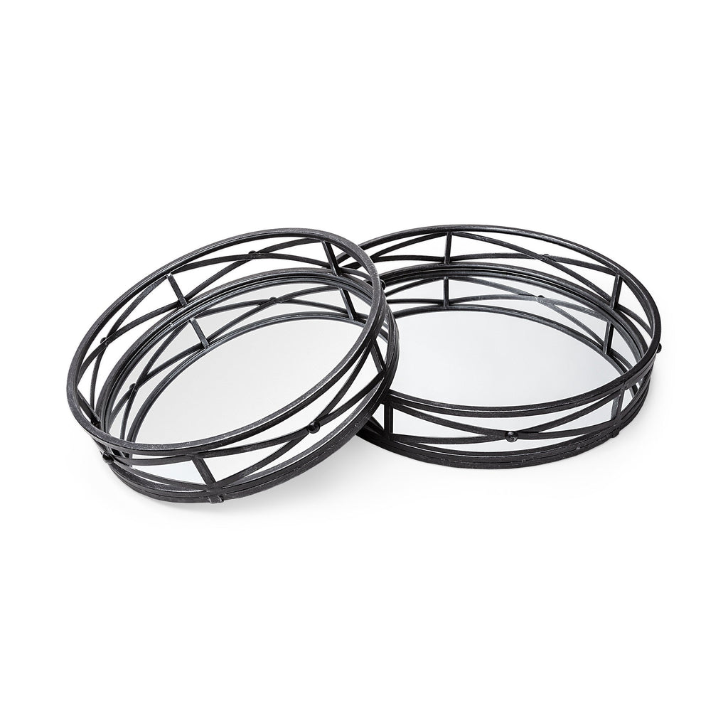 Set of Two Black Round Metal And Mirrored Glass Vanity Trays  Warm Home View
