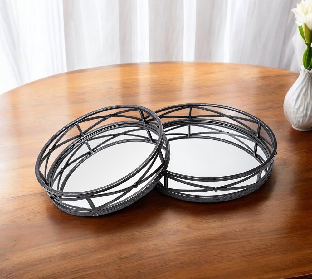 Set of Two Black Round Metal And Mirrored Glass Vanity Trays  Warm Home View