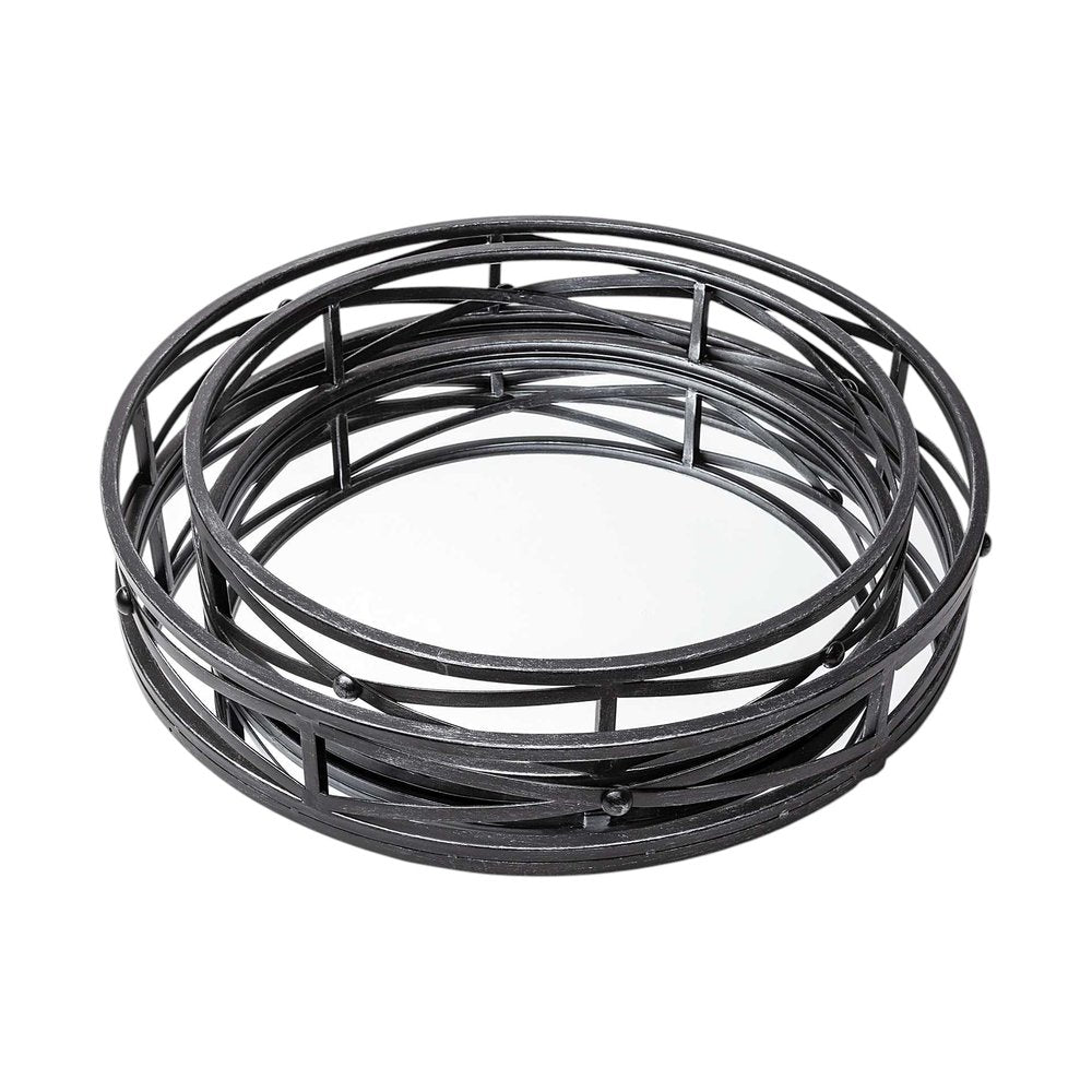 Set of Two Black Round Metal And Mirrored Glass Vanity Trays  Warm Home View