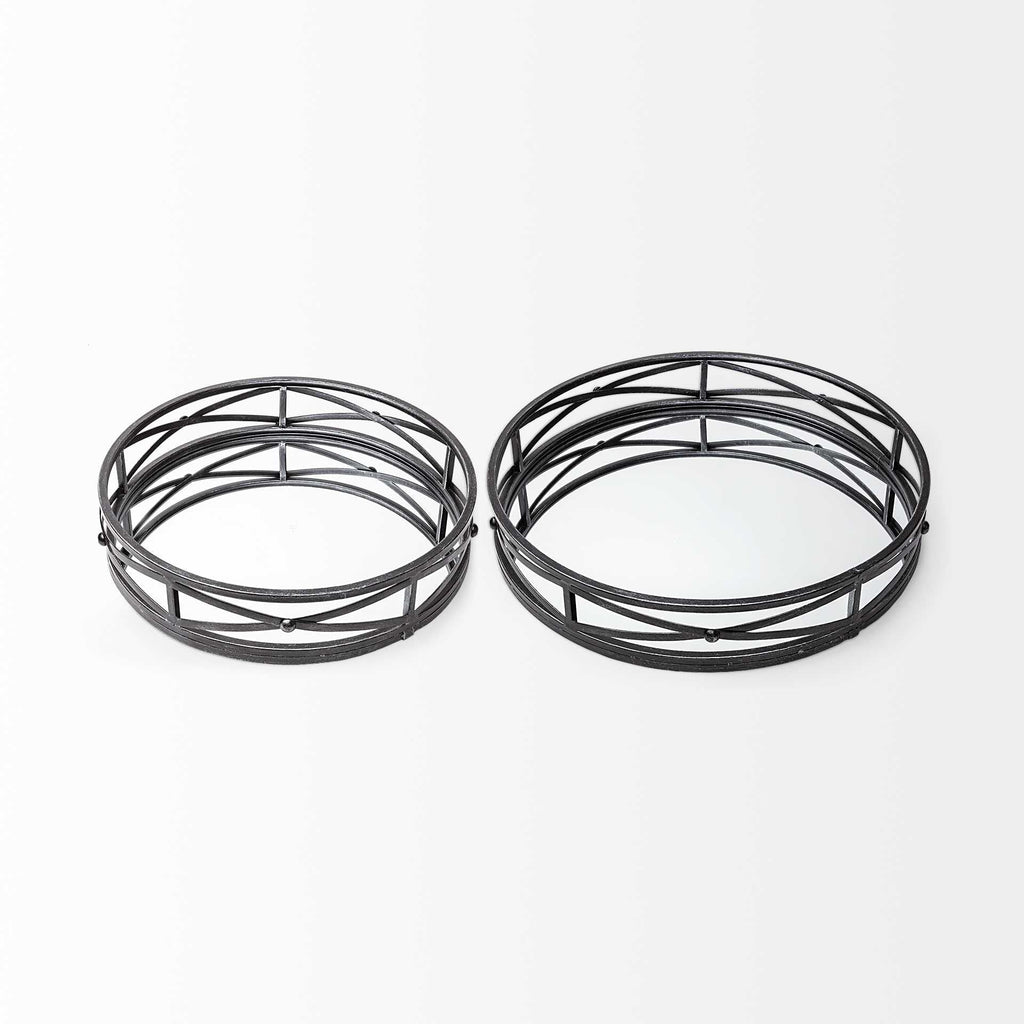 Set of Two Black Round Metal And Mirrored Glass Vanity Trays  Warm Home View
