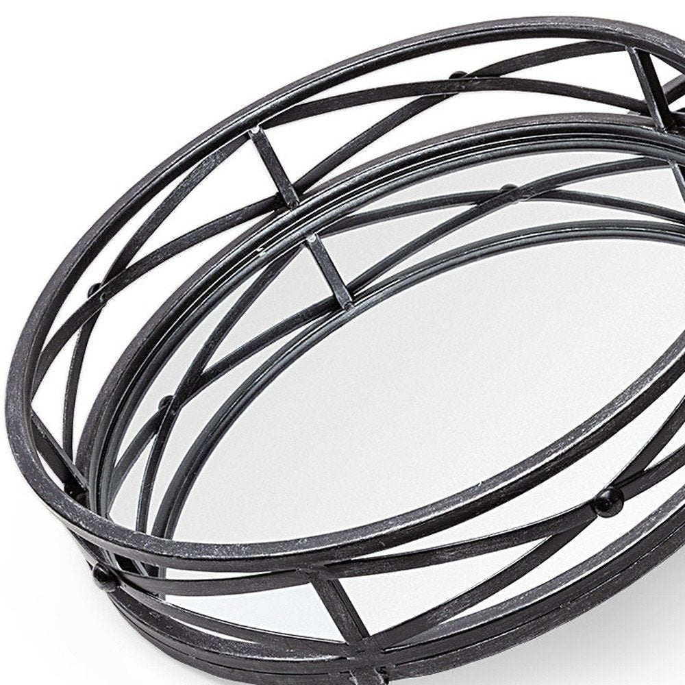 Set of Two Black Round Metal And Mirrored Glass Vanity Trays  Warm Home View
