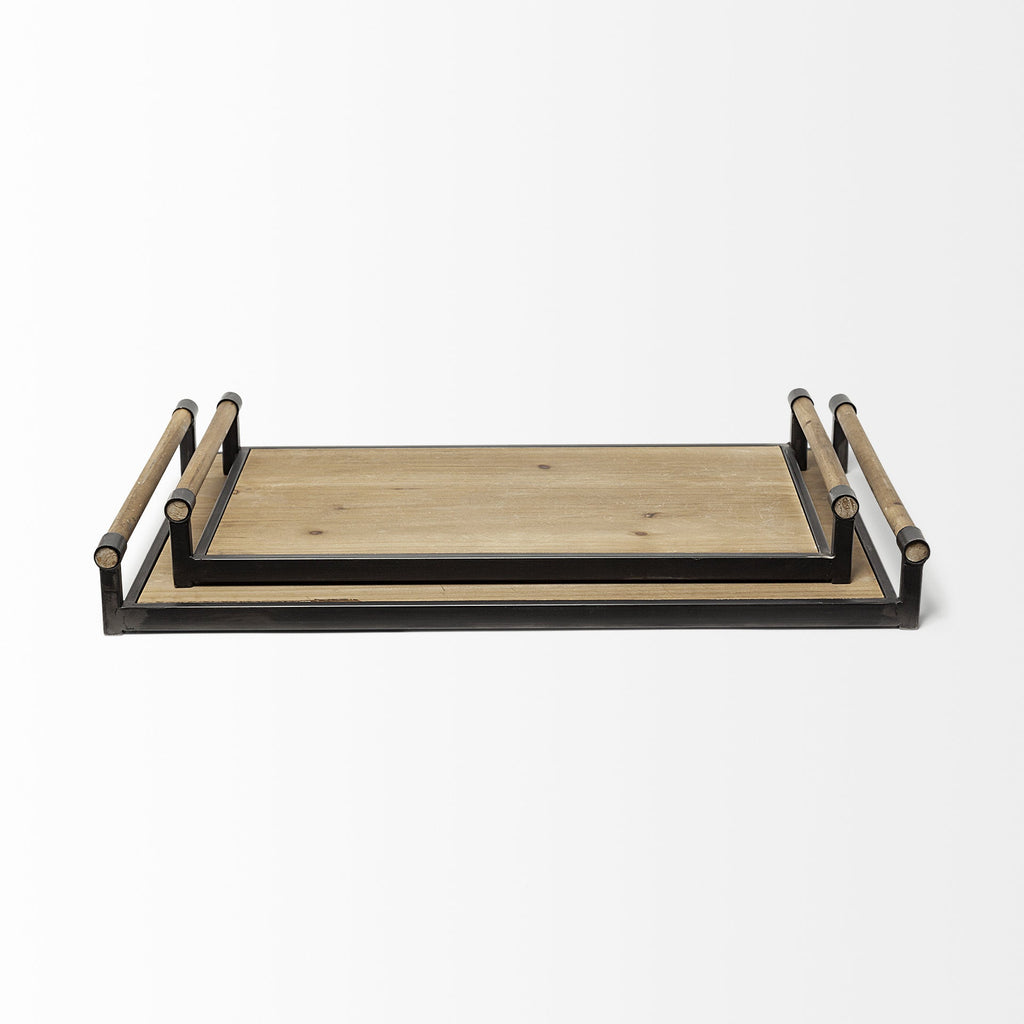 Set of Two Brown Wood Indoor Outdoor Serving Tray With Handles  Warm Home View
