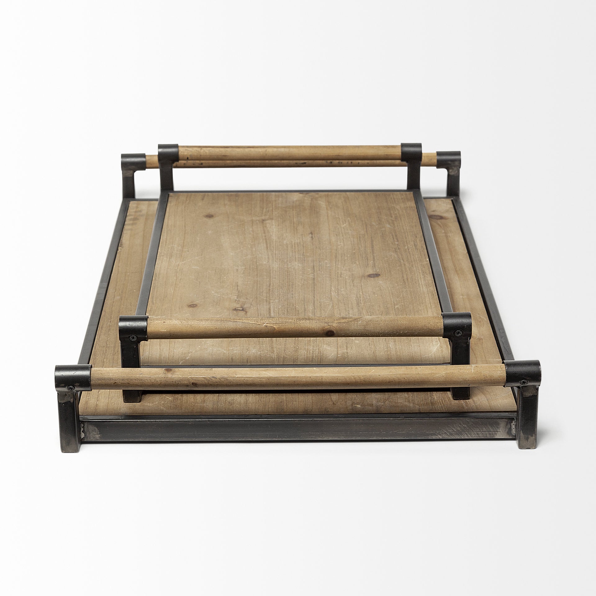 Set of Two Brown Wood Indoor Outdoor Serving Tray With Handles  Warm Home View