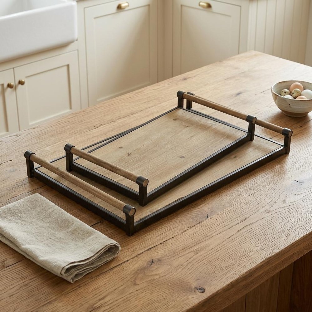 Set of Two Brown Wood Indoor Outdoor Serving Tray With Handles  Warm Home View
