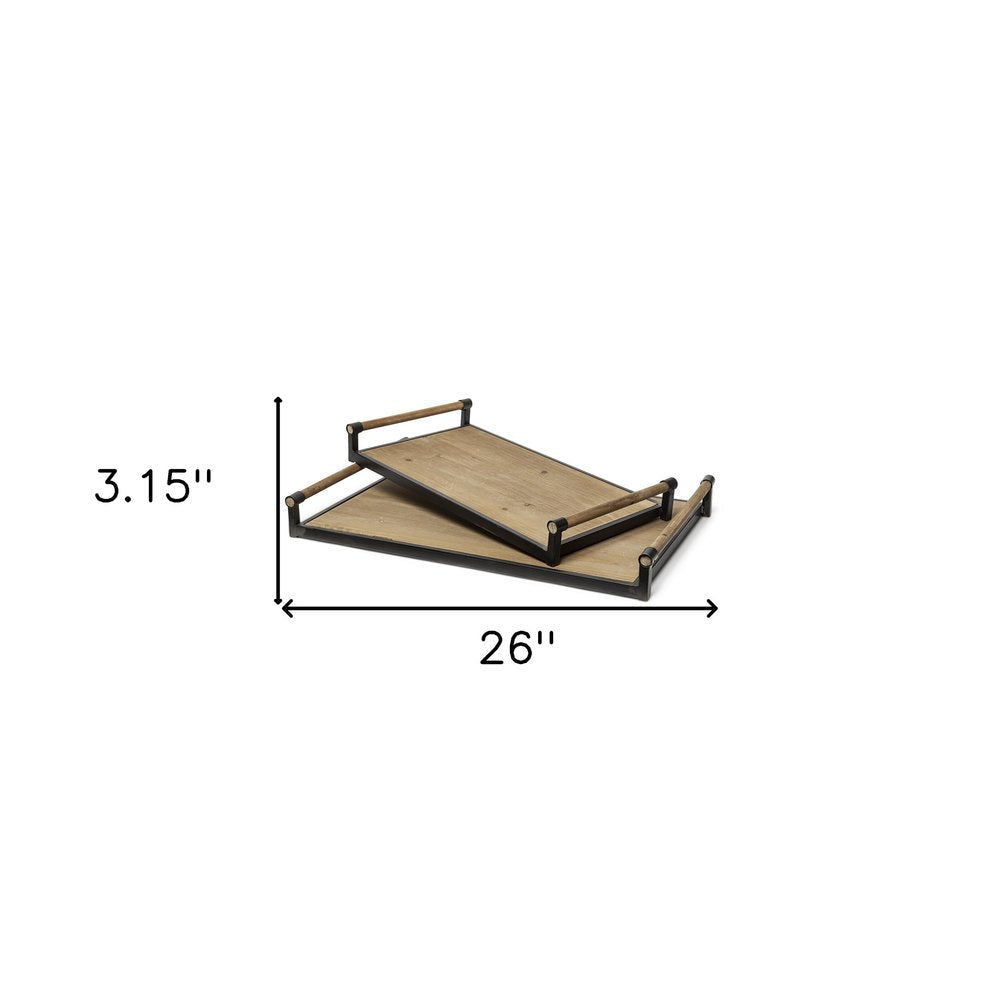 Set of Two Brown Wood Indoor Outdoor Serving Tray With Handles  Warm Home View