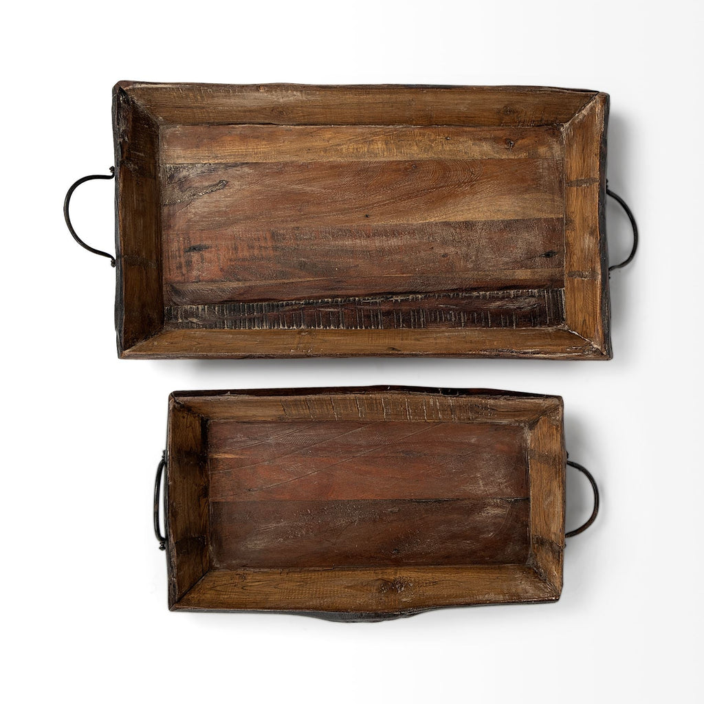 Set of Two Brown Rectangular Wood Indoor Outdoor Serving Tray With Handles  Warm Home View