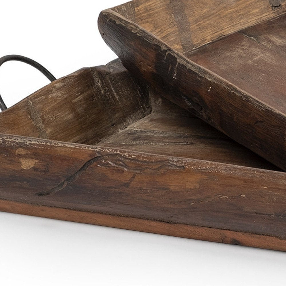 Set of Two Brown Rectangular Wood Indoor Outdoor Serving Tray With Handles  Warm Home View
