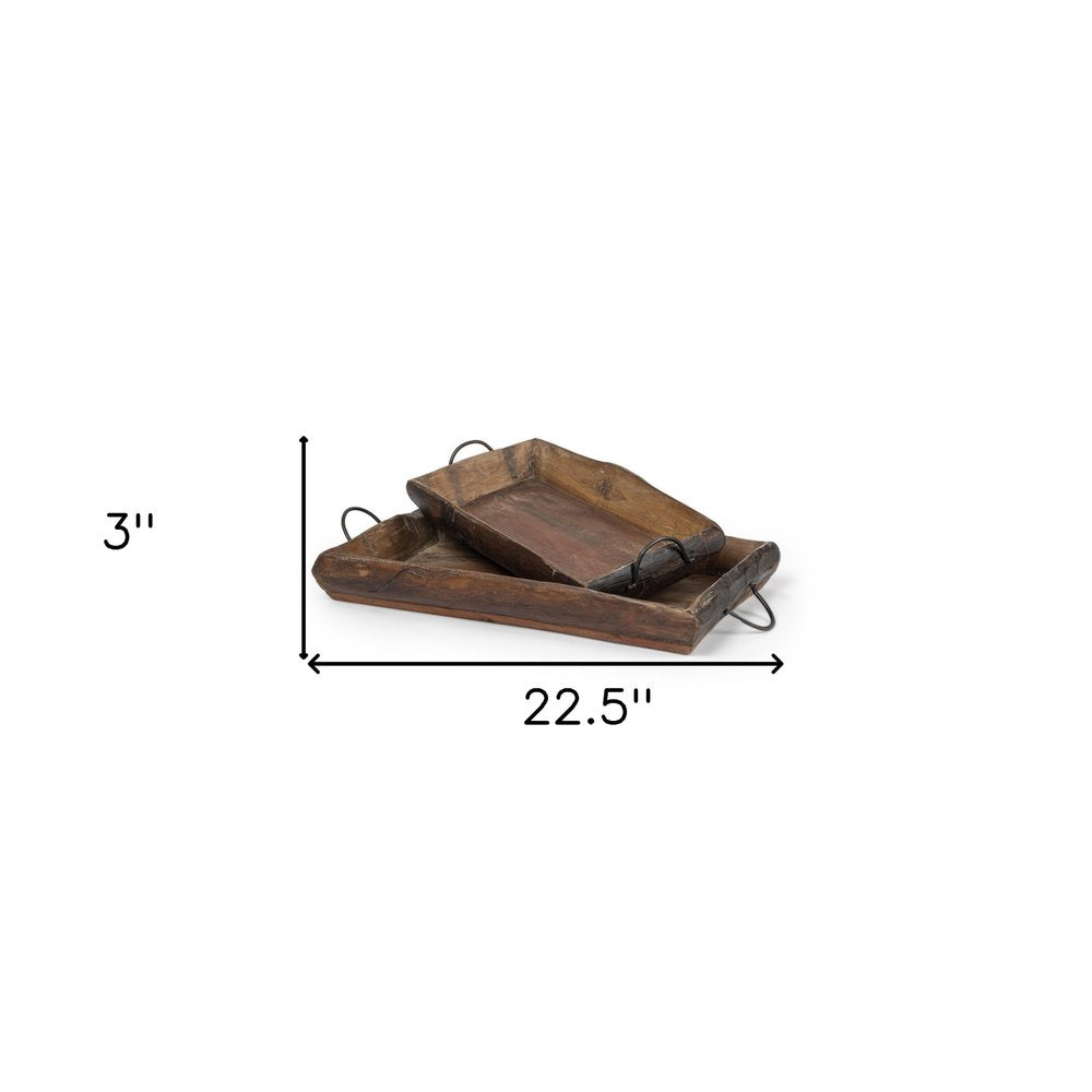Set of Two Brown Rectangular Wood Indoor Outdoor Serving Tray With Handles  Warm Home View