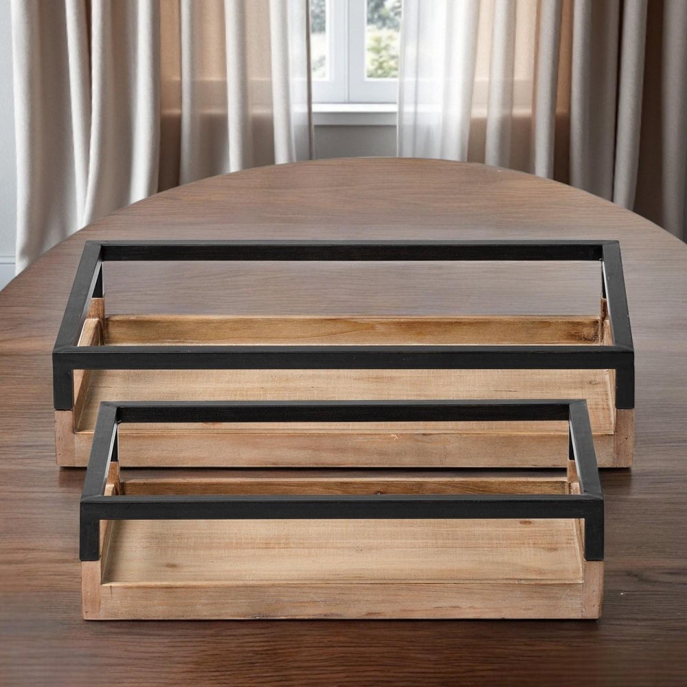 Set of Two Brown Wood Indoor Outdoor Tray With Handles  Warm Home View