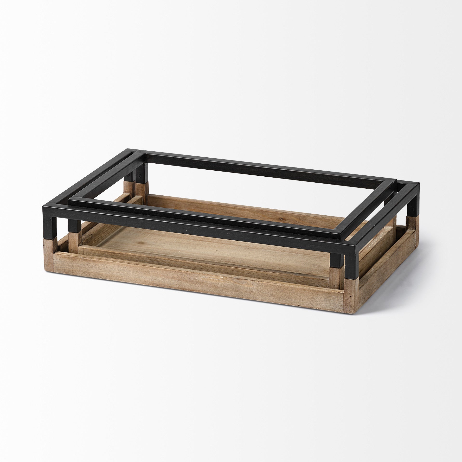 Set of Two Brown Wood Indoor Outdoor Tray With Handles  Warm Home View