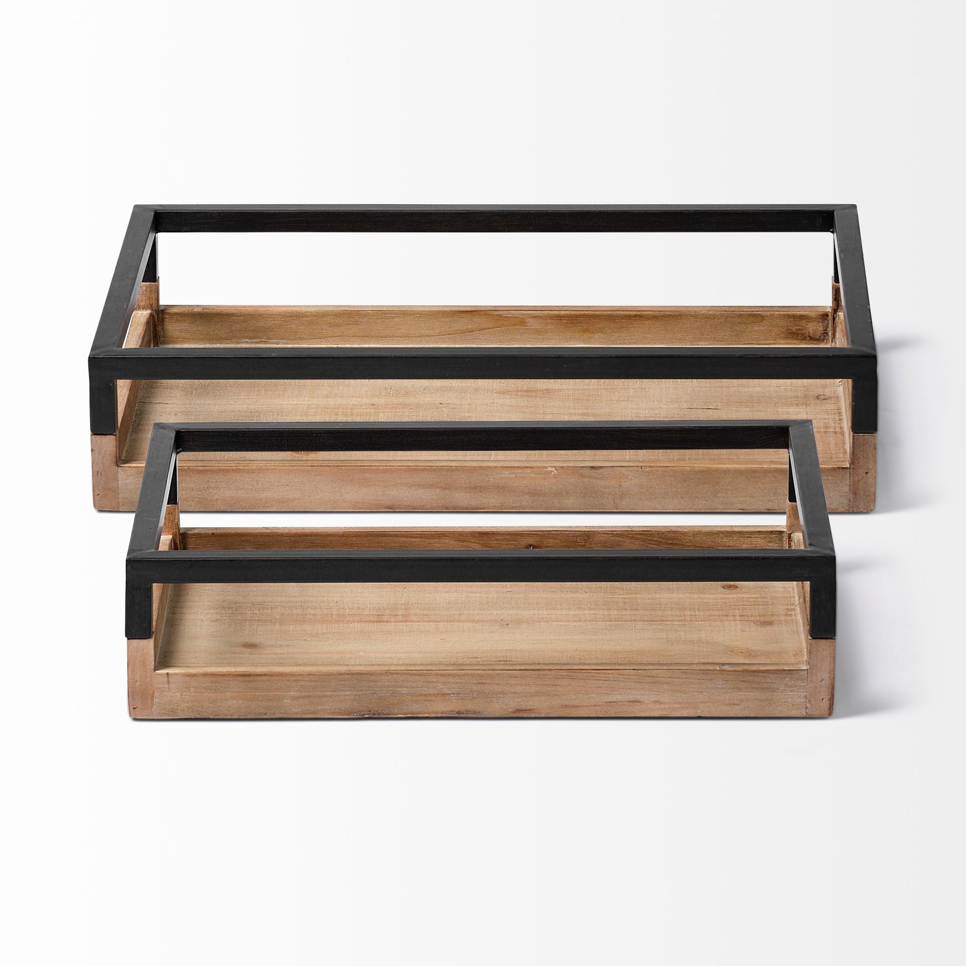 Set of Two Brown Wood Indoor Outdoor Tray With Handles  Warm Home View