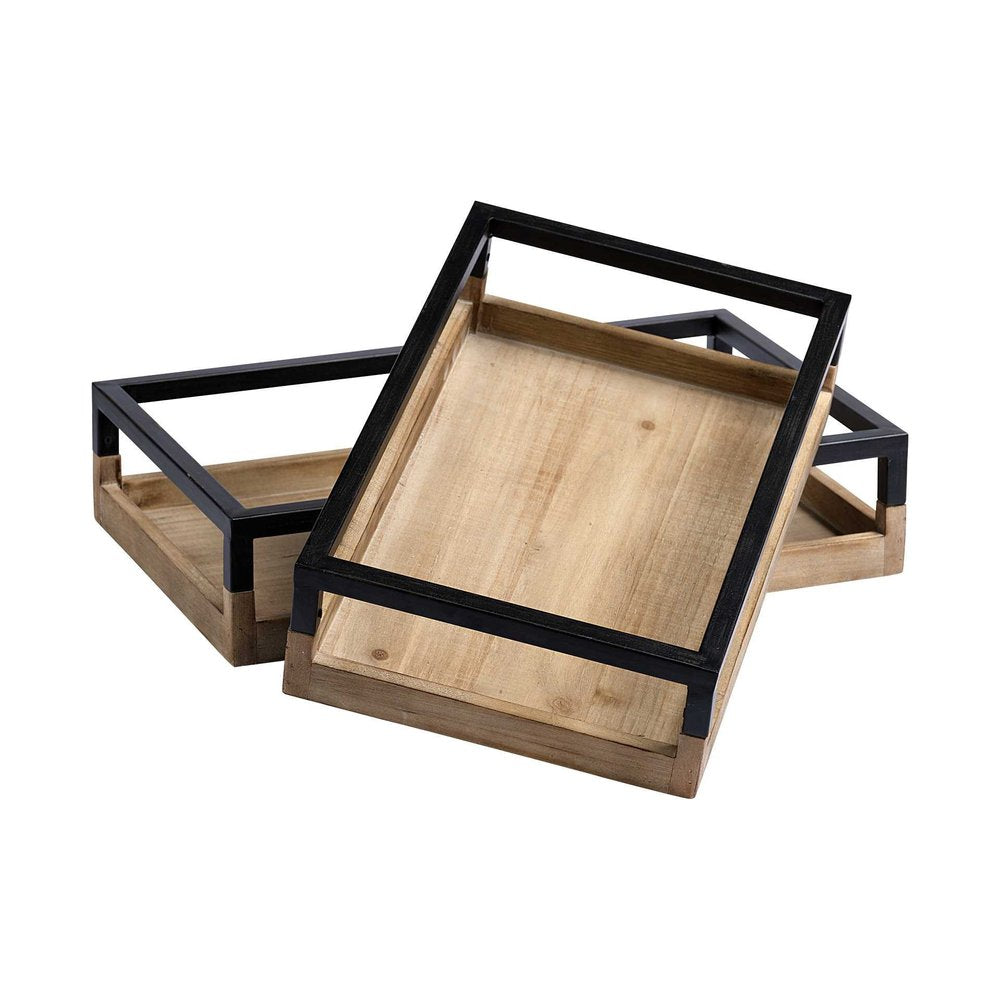 Set of Two Brown Wood Indoor Outdoor Tray With Handles  Warm Home View