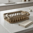 Set of Two Brown Wood Indoor Outdoor Tray With Handles  Warm Home View