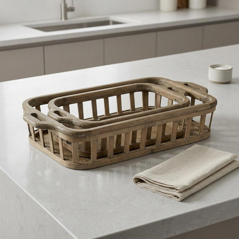 Set of Two Brown Wood Indoor Outdoor Tray With Handles  Warm Home View
