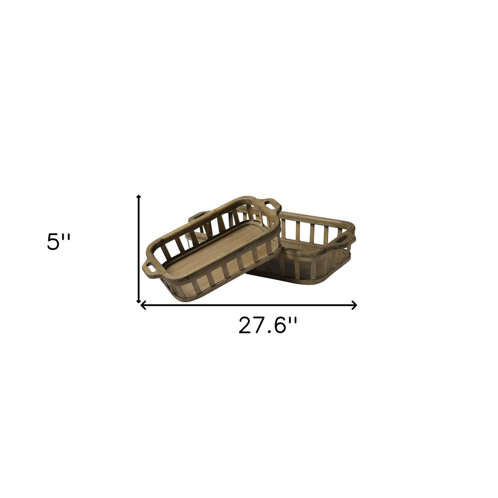 Set of Two Brown Wood Indoor Outdoor Tray With Handles  Warm Home View