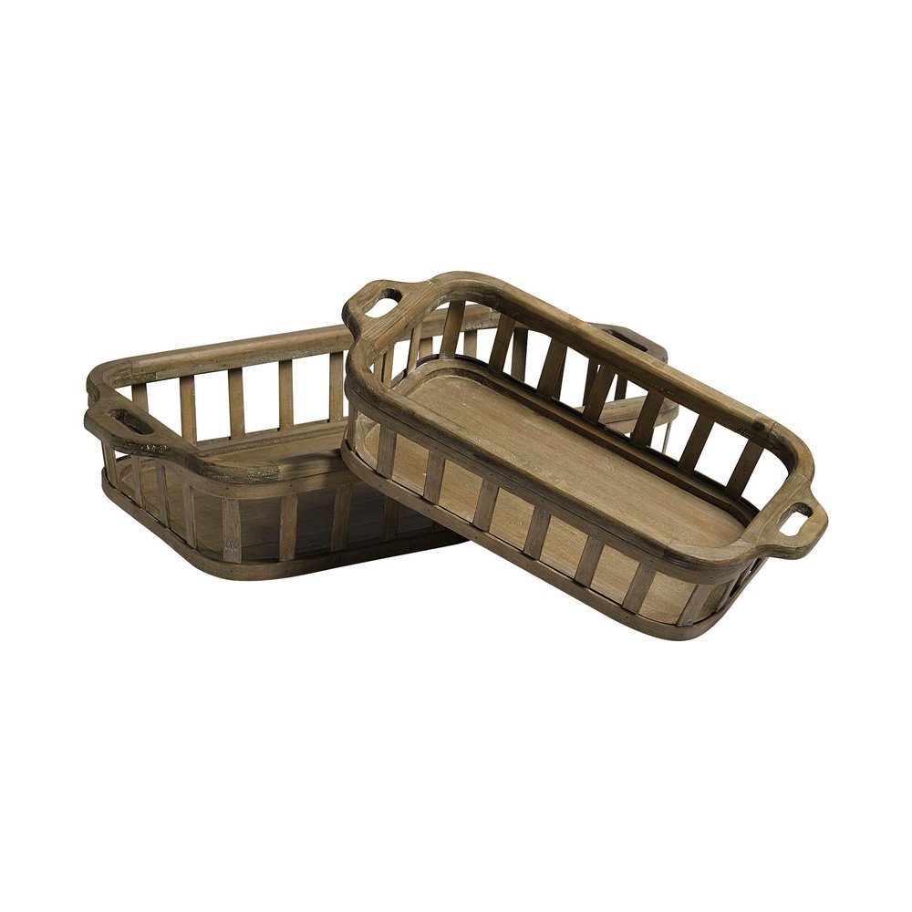 Set of Two Brown Wood Indoor Outdoor Tray With Handles  Warm Home View