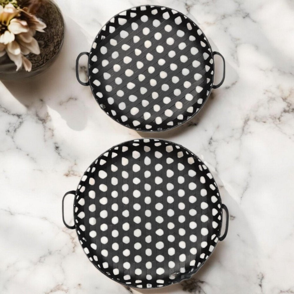 Set of Two Black Round Metal Indoor Outdoor Tray With Handles  Warm Home View