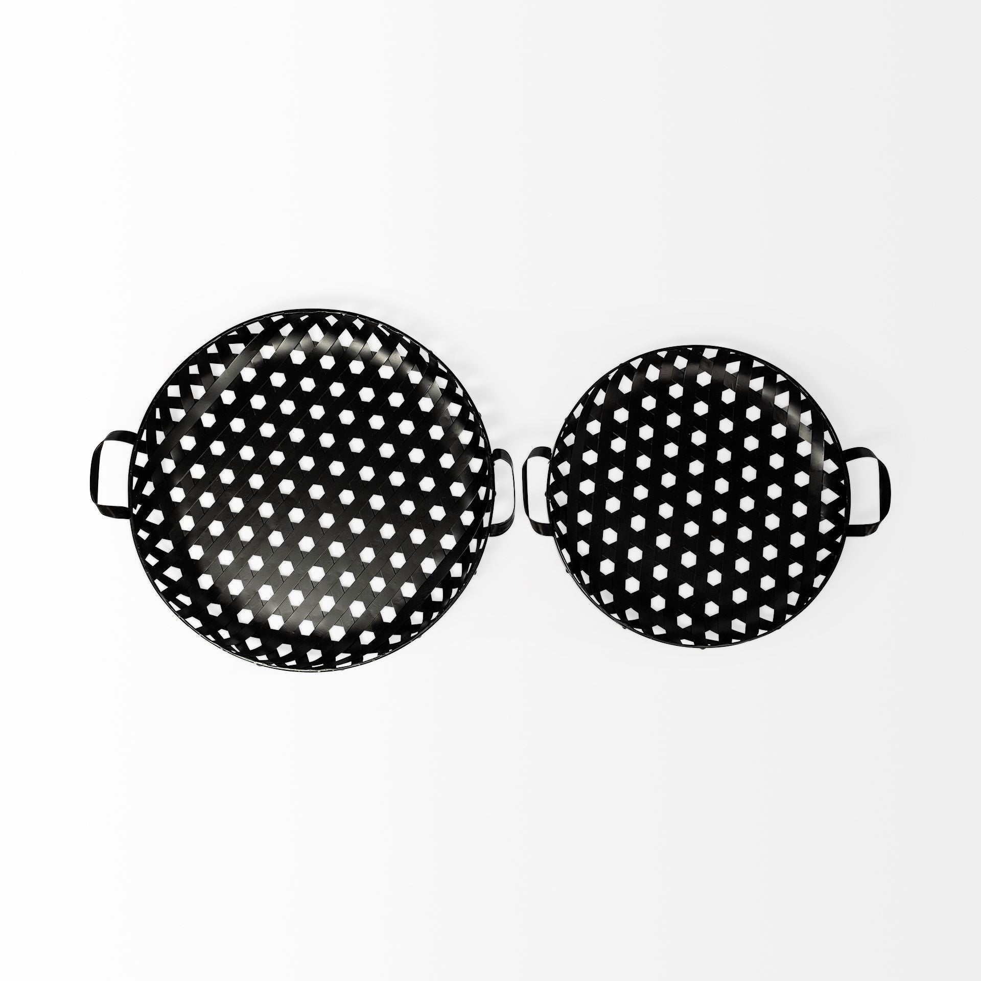Set of Two Black Round Metal Indoor Outdoor Tray With Handles  Warm Home View