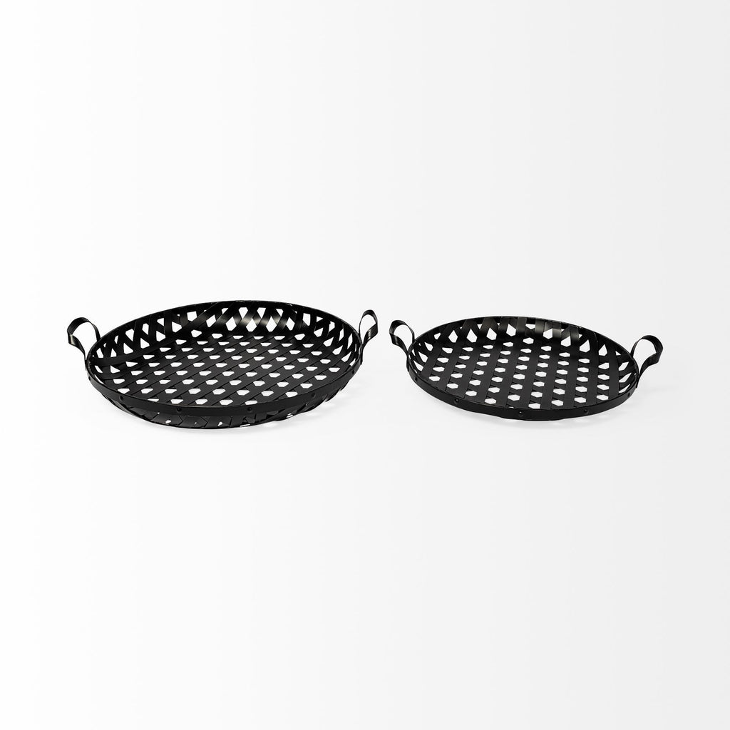 Set of Two Black Round Metal Indoor Outdoor Tray With Handles  Warm Home View