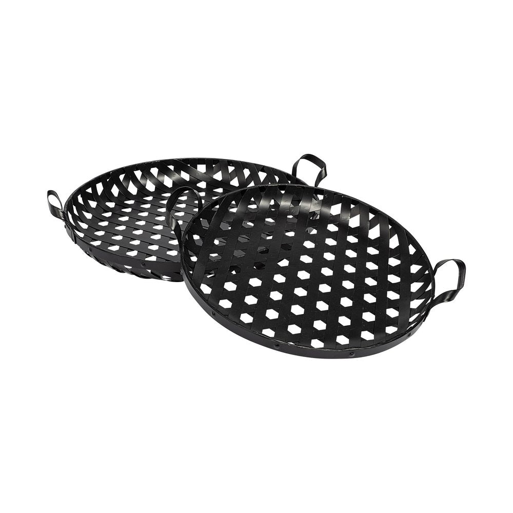 Set of Two Black Round Metal Indoor Outdoor Tray With Handles  Warm Home View
