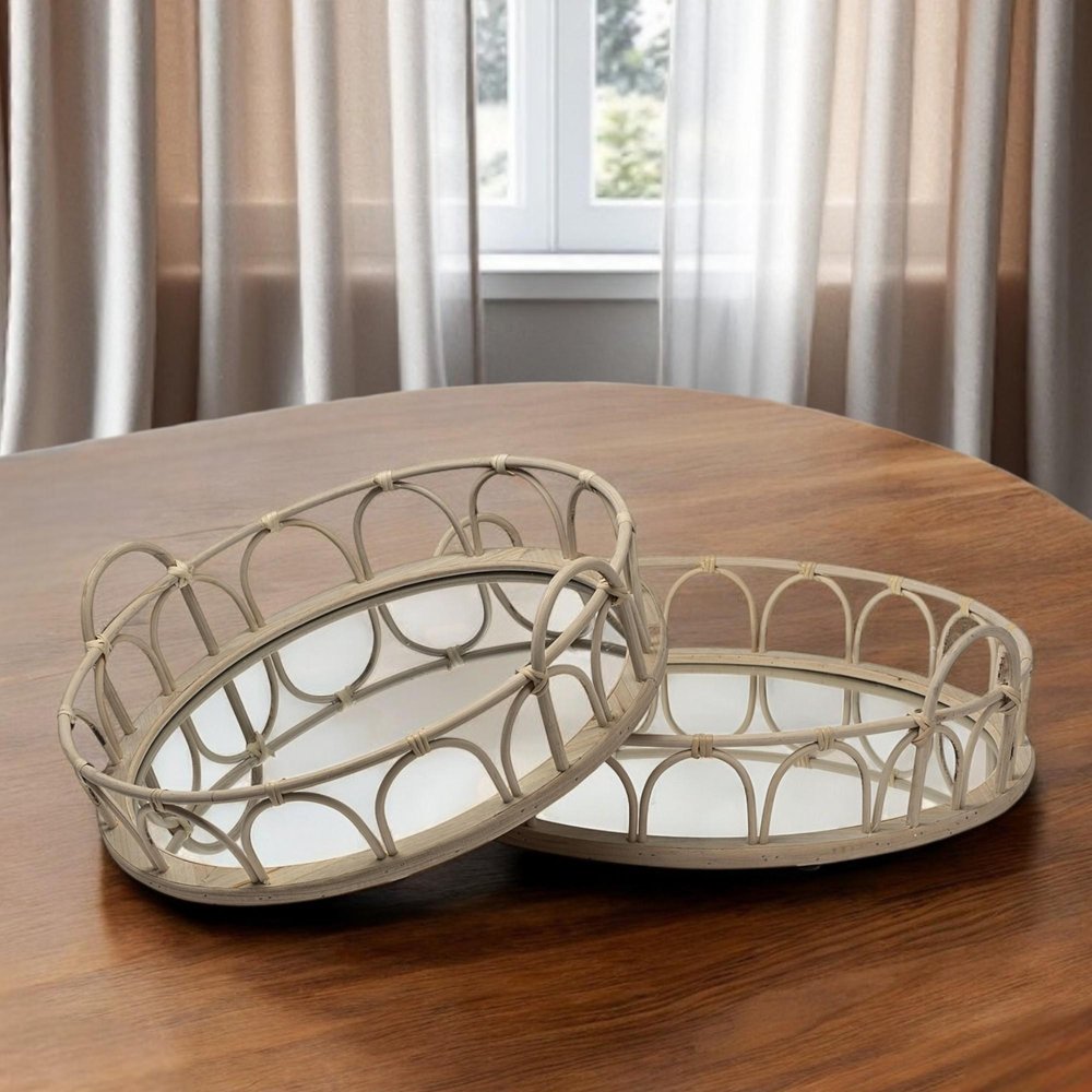 Set of Two Brown Round Wood Indoor Outdoor Vanity Tray With Handles  Warm Home View