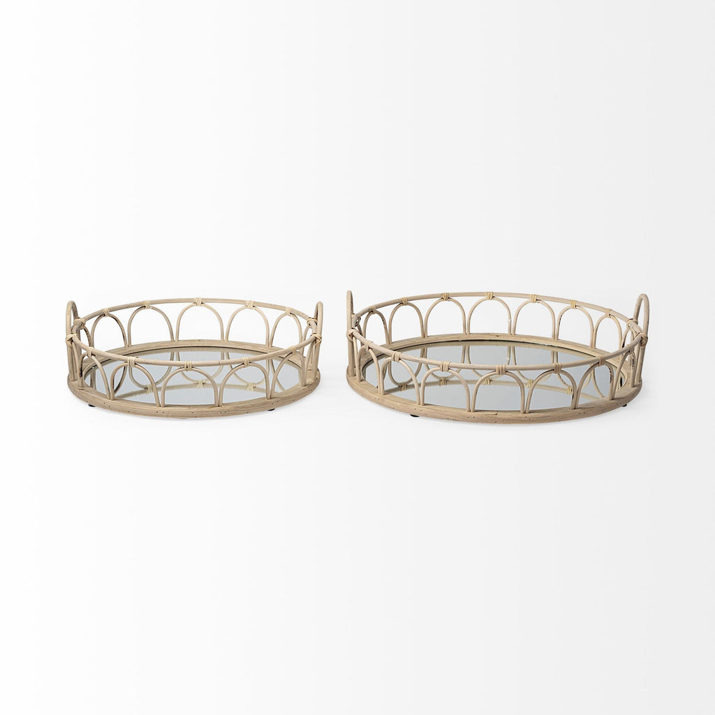 Set of Two Brown Round Wood Indoor Outdoor Vanity Tray With Handles  Warm Home View