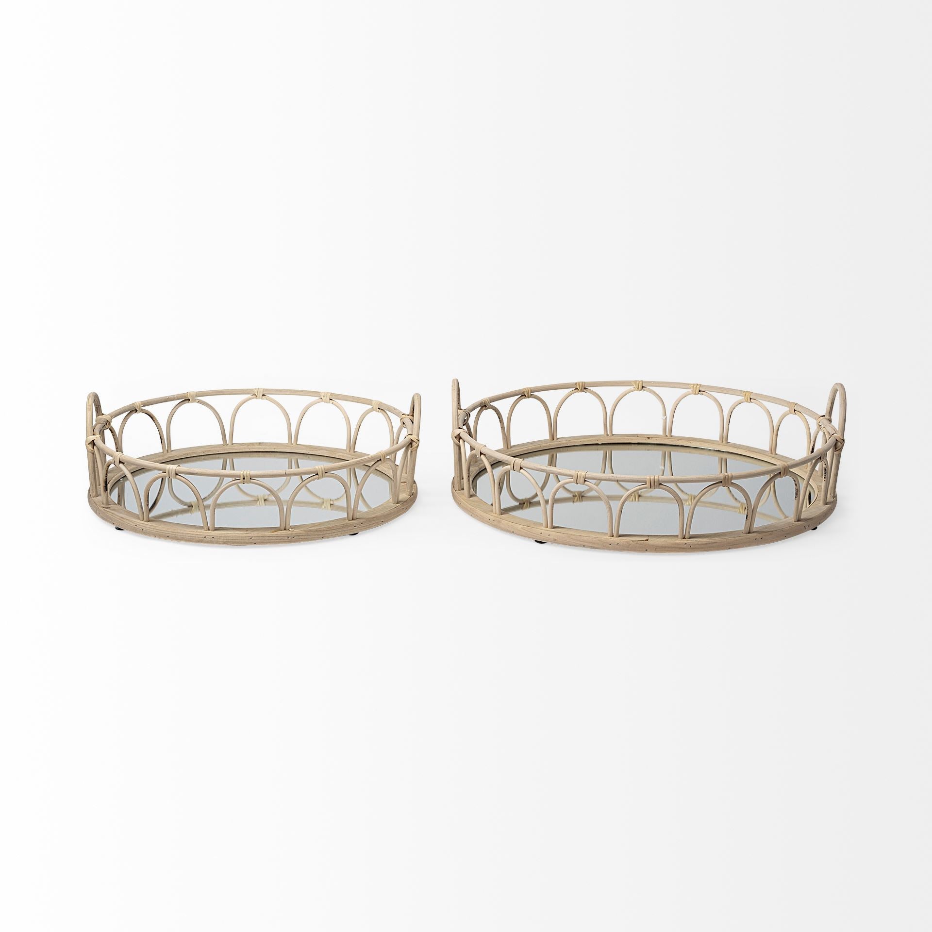 Set of Two Brown Round Wood Indoor Outdoor Vanity Tray With Handles  Warm Home View