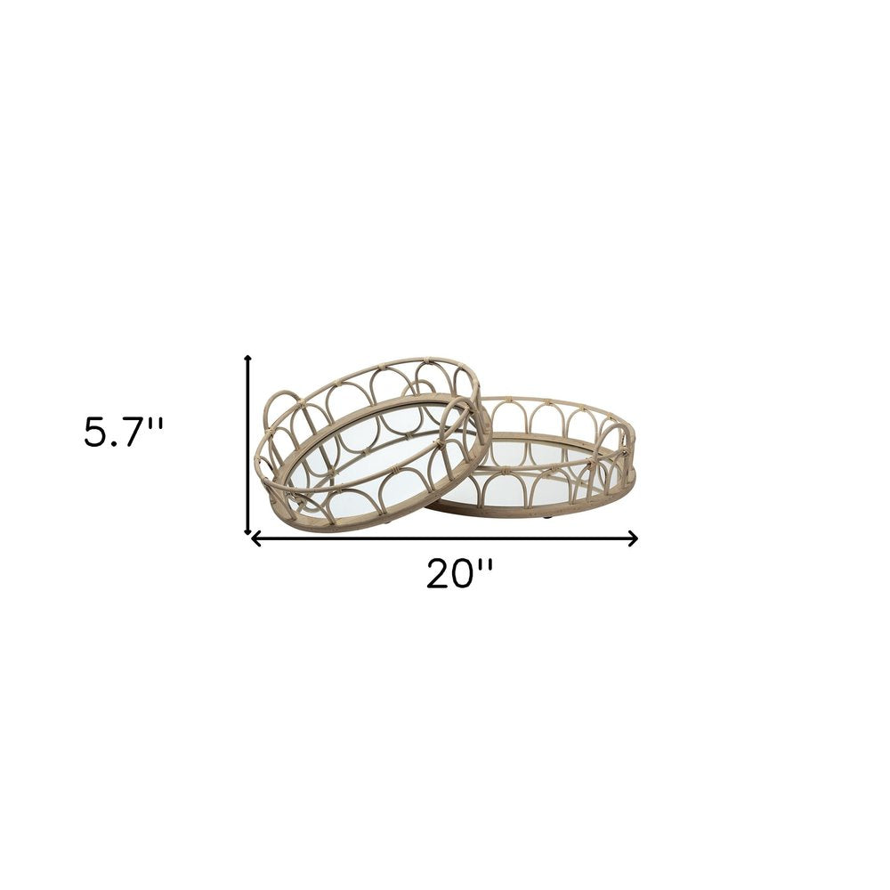 Set of Two Brown Round Wood Indoor Outdoor Vanity Tray With Handles  Warm Home View