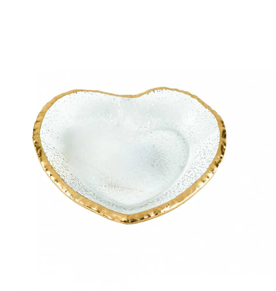 8" Mouth Blown Seeded Glass Heart Plate with Gold Rim  Warm Home View