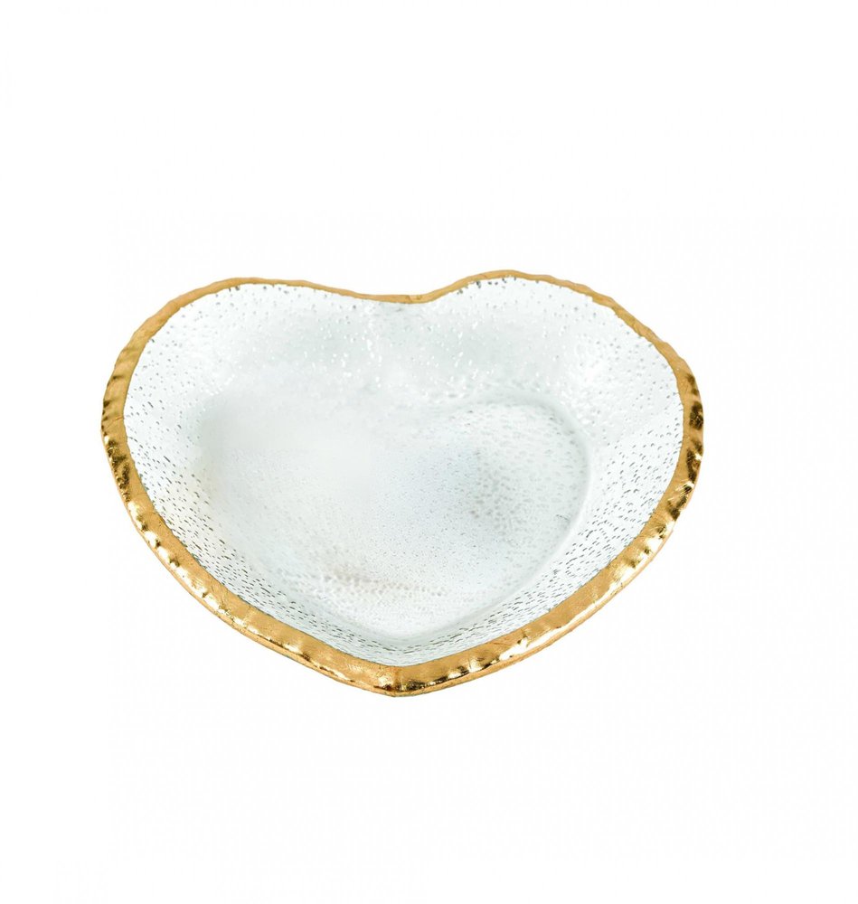 8" Mouth Blown Seeded Glass Heart Plate with Gold Rim  Warm Home View
