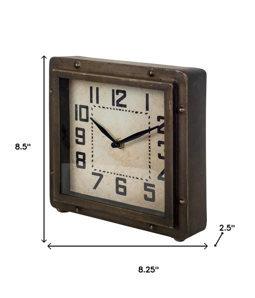 Square  Bronze Toned Metal Desk Table Clock With Traditional Black Numbers And Hands  Warm Home View