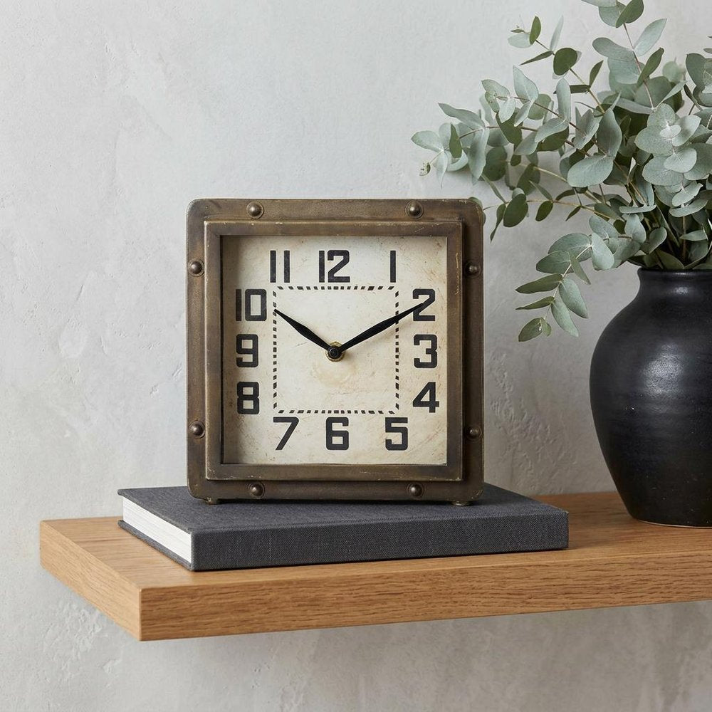 Square  Bronze Toned Metal Desk Table Clock With Traditional Black Numbers And Hands  Warm Home View