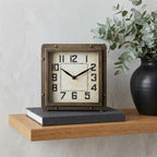 Square  Bronze Toned Metal Desk Table Clock With Traditional Black Numbers And Hands  Warm Home View