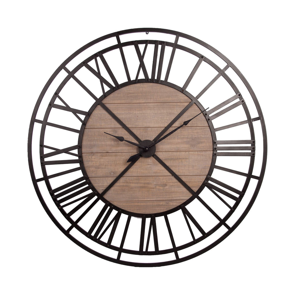 59" Black And Brown Metal and Solid Wood Skeleton Circle Wall Clock  Warm Home View