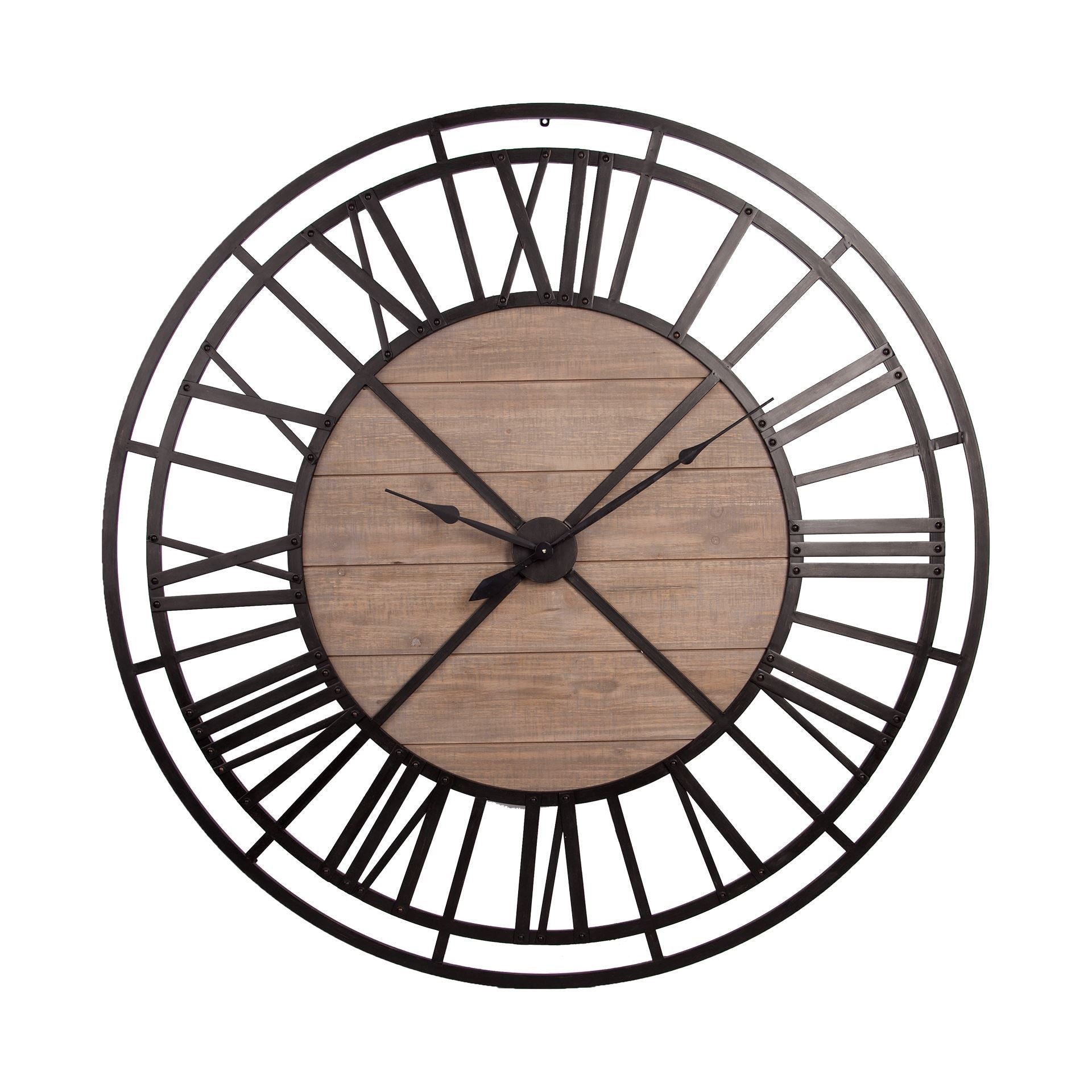 59" Black And Brown Metal and Solid Wood Skeleton Circle Wall Clock  Warm Home View