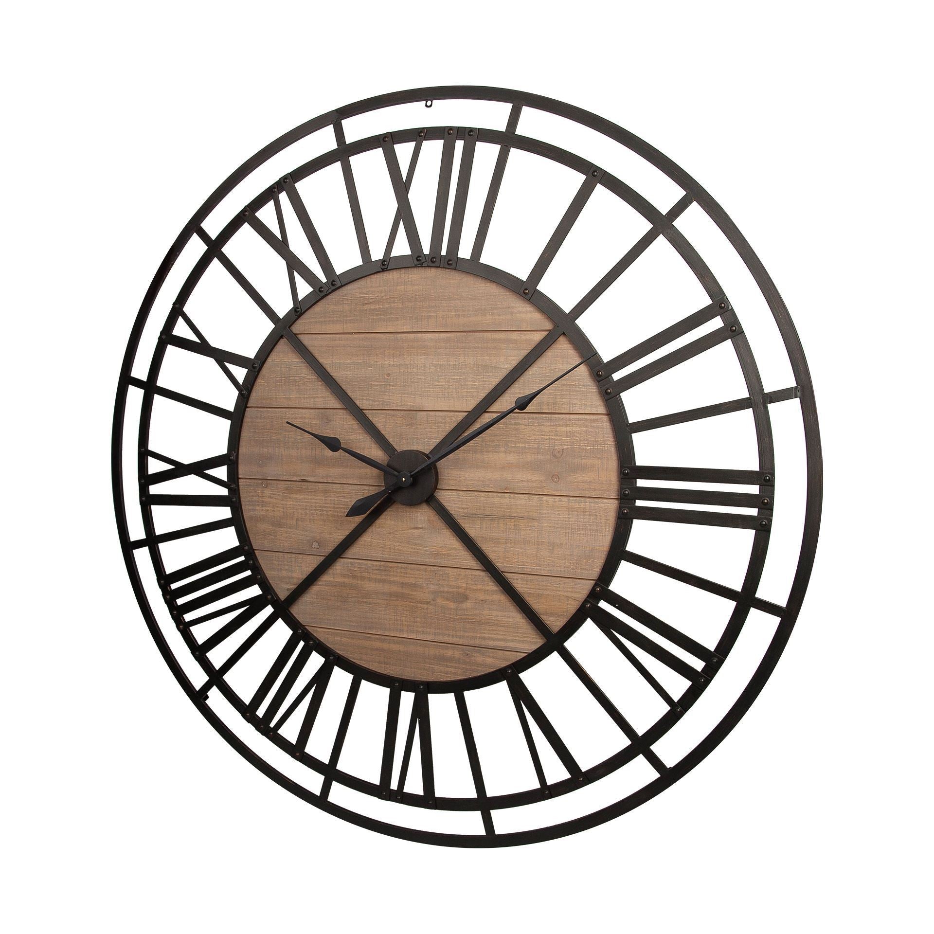 59" Black And Brown Metal and Solid Wood Skeleton Circle Wall Clock  Warm Home View