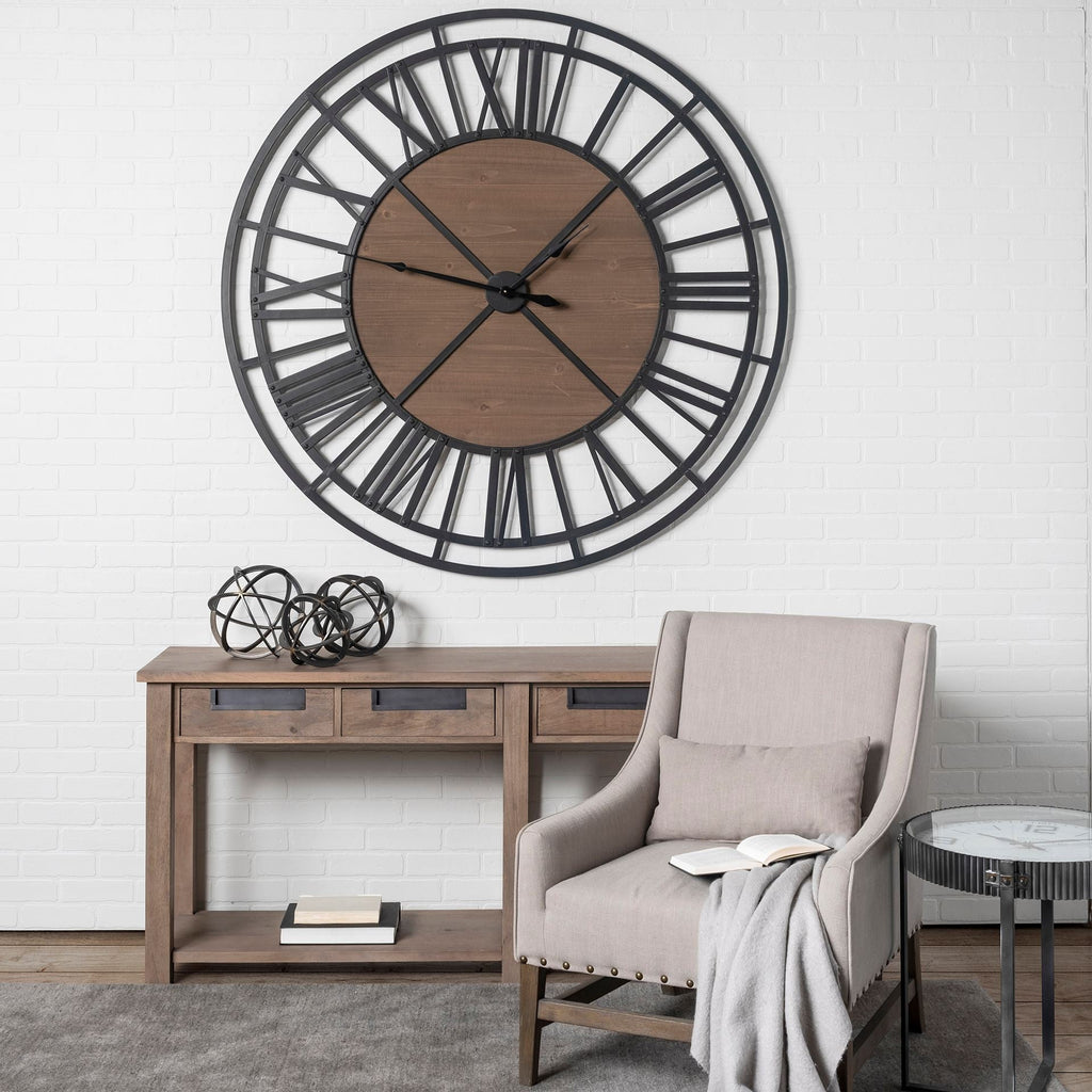 59" Black And Brown Metal and Solid Wood Skeleton Circle Wall Clock  Warm Home View