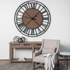 59" Black And Brown Metal and Solid Wood Skeleton Circle Wall Clock  Warm Home View