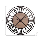 59" Black And Brown Metal and Solid Wood Skeleton Circle Wall Clock  Warm Home View