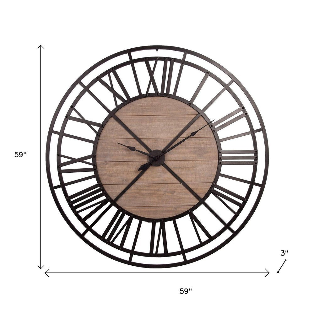 59" Black And Brown Metal and Solid Wood Skeleton Circle Wall Clock  Warm Home View
