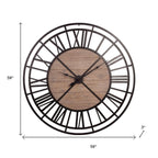 59" Black And Brown Metal and Solid Wood Skeleton Circle Wall Clock  Warm Home View