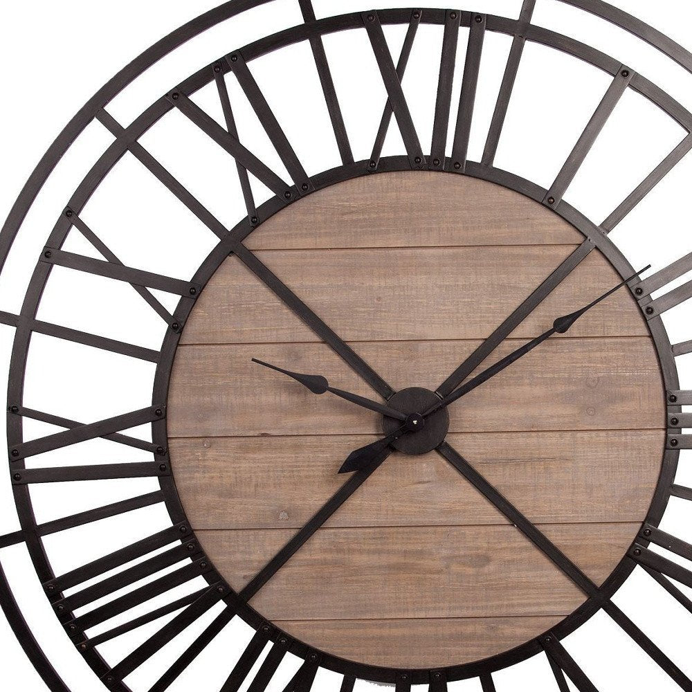 59" Black And Brown Metal and Solid Wood Skeleton Circle Wall Clock  Warm Home View